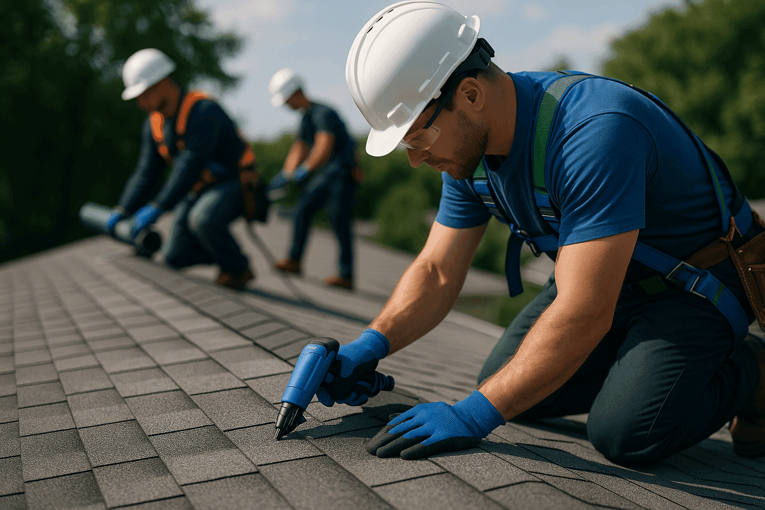 Professional residential roofing crew working safely on a clean roof with PPE